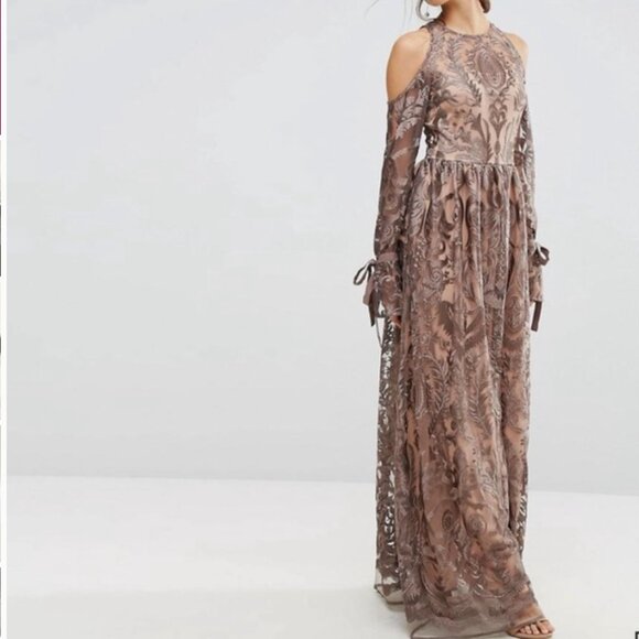True Decadence Women's 6 Maxi Formal Dress Brown Wedding Cold Shoulder - Picture 2 of 14
